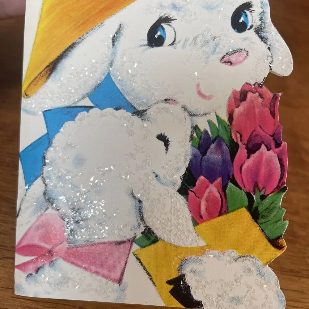 Vtg Oz Godmother Mica Glitter Spring Happy Easter Die Cut Greeting Card